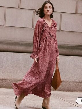 LOFT Floral Ruffle Tie Neck Maxi Dress in Mauve/Plum